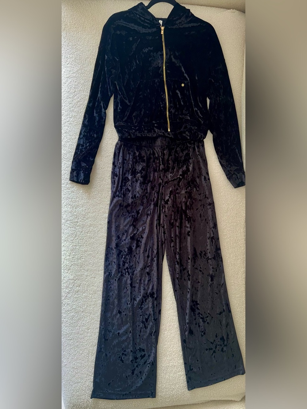 Fabletics Black Crushed Velvet Hoodie & Wide Leg Pants Set Size S